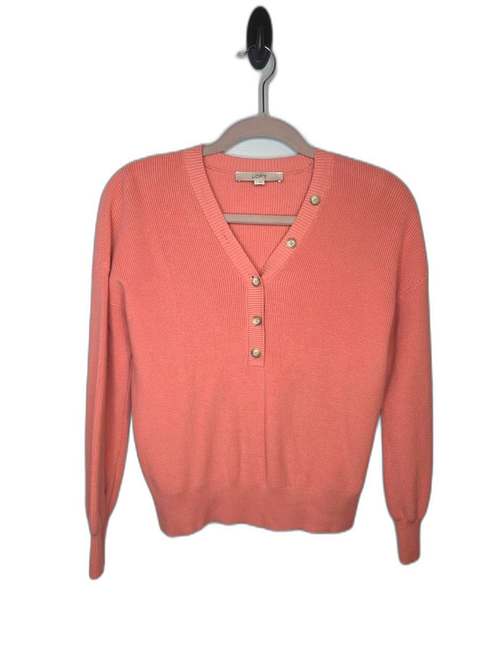 LOFT Coral Pink Button-Trim V-Neck Pullover